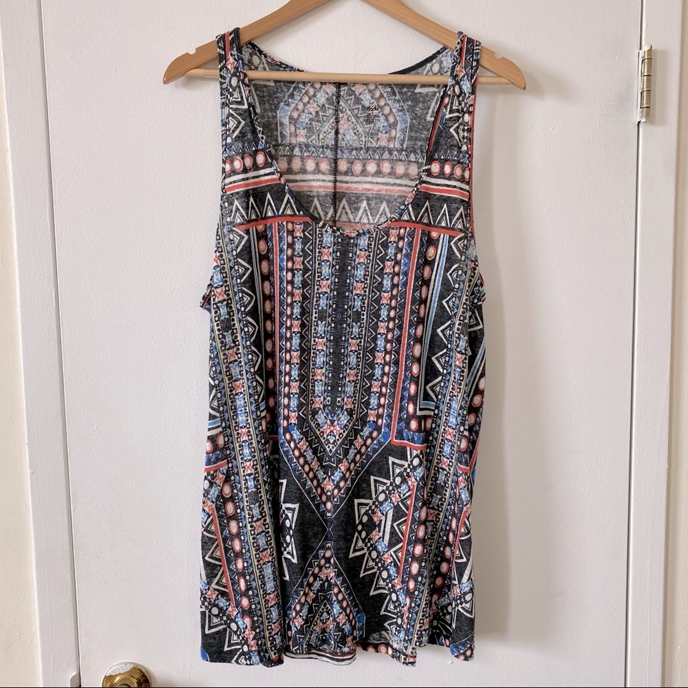 Mossimo Linen Blend Tribal Print Tank Top XXL Gray Blue White